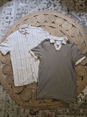 Striped Short Sleeve Polo Shirt - Beige/White (2 Shirts)